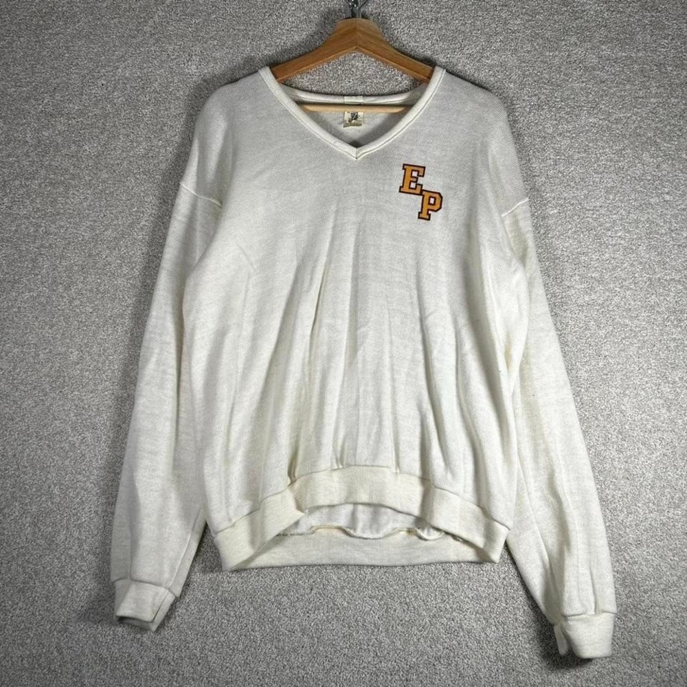 Vintage 70s white Rayon blend varsity v neck knit sweater Sportswear tag